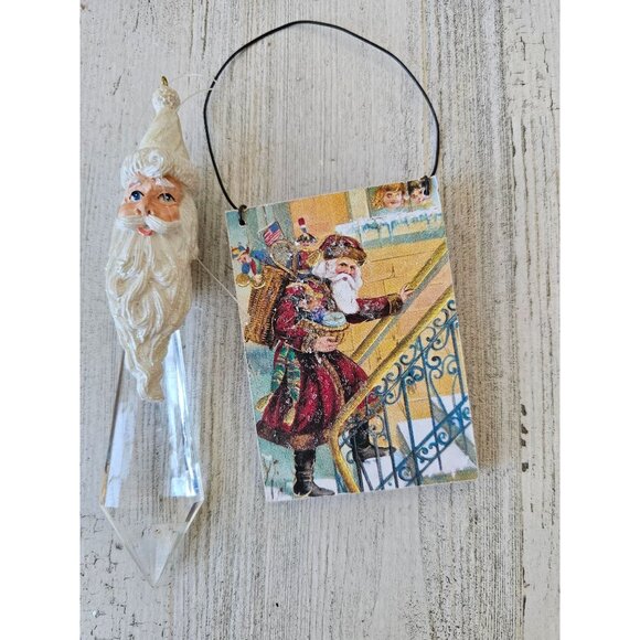 Glitter Santa icicle sign ornament father vintage style Xmas tree - Picture 1 of 7